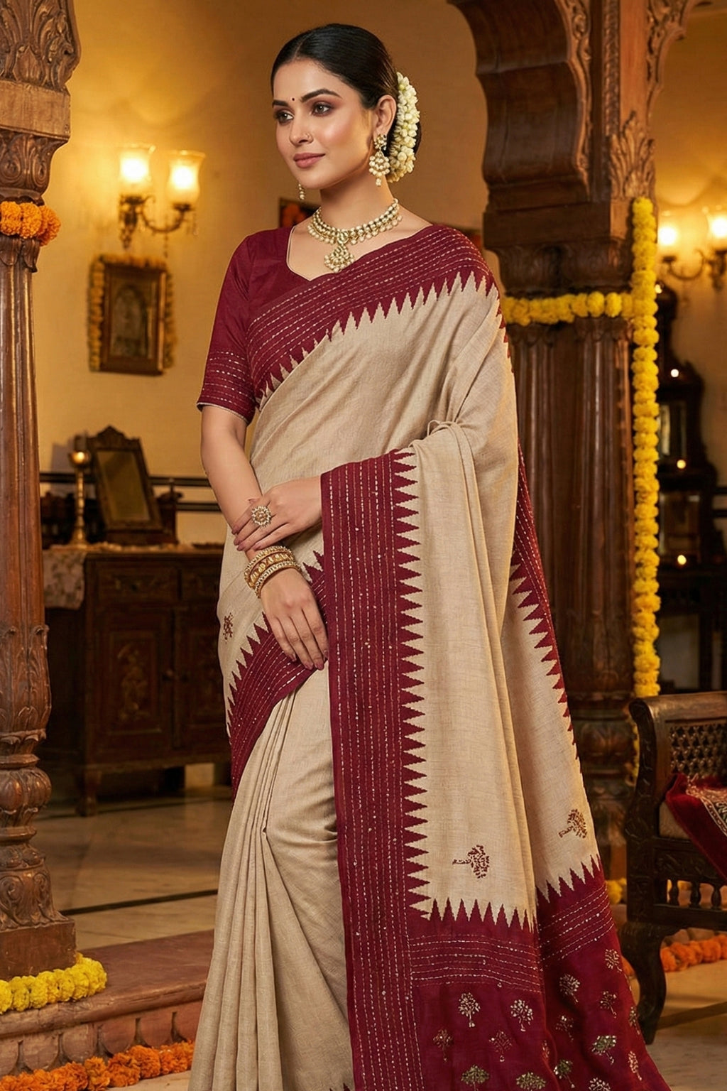 Hand-Stitched Tasar Silk Saree