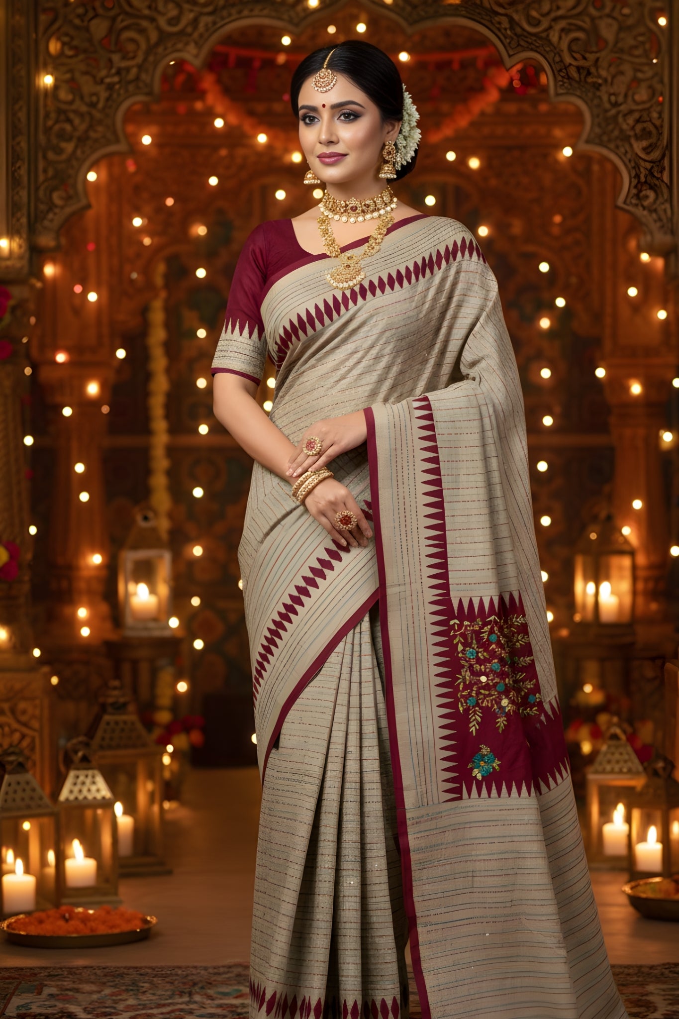 Hand-Stitched Tasar Silk Saree