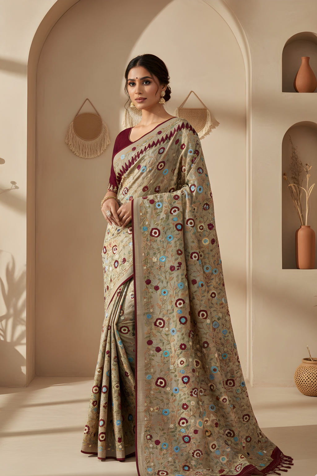 Hand-Stitched Tasar Silk Saree
