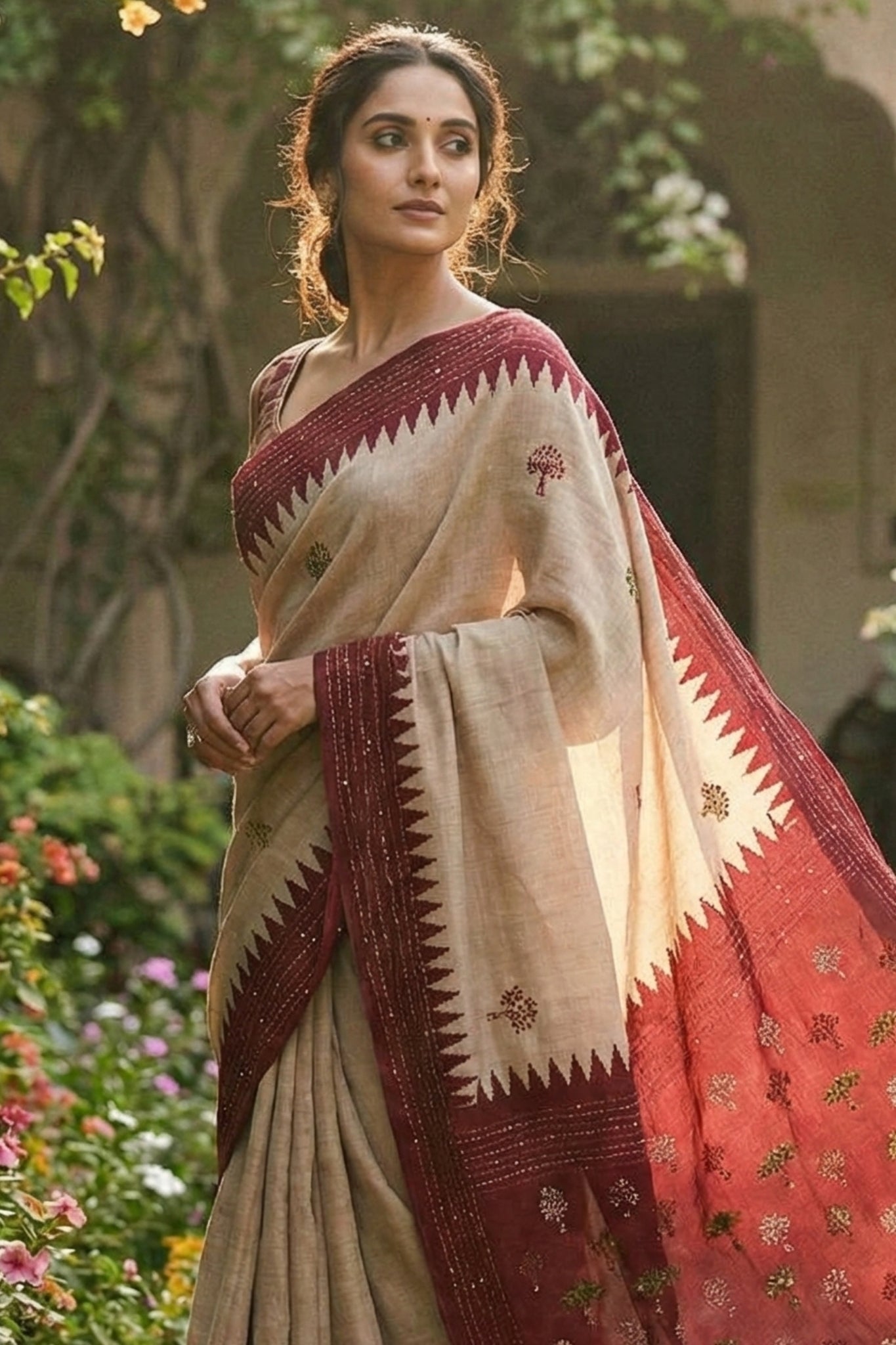 Hand-Stitched Tasar Silk Saree