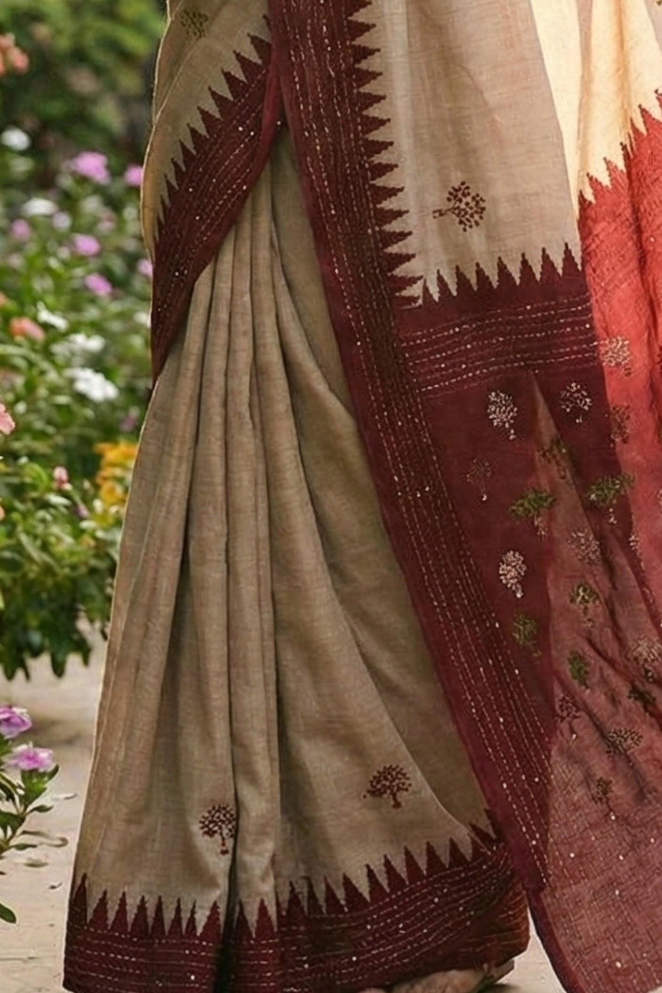 Hand-Stitched Tasar Silk Saree